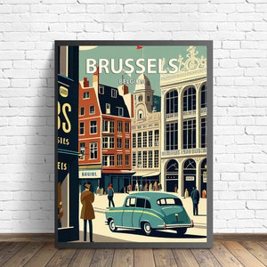 Impresión de arte retro de Bruselas, Bélgica, ilustración artística de Bruselas, póster de diseño minimalista de Bruselas