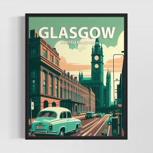 Glasgow Retro Art Print, Glasgow Wall Art Illustration, Glasgow Vintage Minimal Design Poster