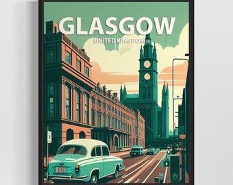 Glasgow Retro Art Print, Glasgow Wall Art Illustration, Glasgow Vintage Minimal Design Poster