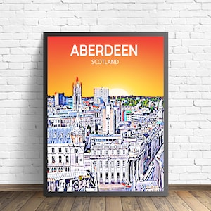 Aberdeen Scotland Art Poster Sunset / Night Poster Art Print, Aberdeen City Modern Wall art, Colorful Skyline Canvas Sketch