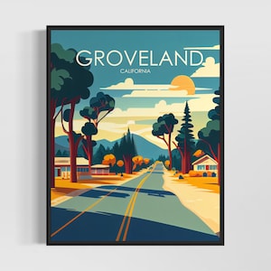 Impresión de arte retro de Groveland, California, ilustración artística de Groveland, póster de diseño minimalista vintage de Groveland