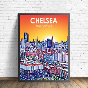 Chelsea New York City Art Poster Sunset / Night Landscape Poster Print, Chelsea City Framed Wall Art United States, Colorful Skyline Sketch