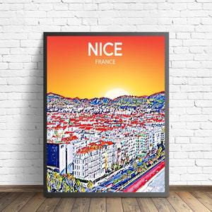 Schöne Frankreich Kunst Poster Sonnenuntergang / Nacht Plakat Kunstdruck, Schöne Stadt Gerahmt Moderne Wandkunst, Bunte Skyline Leinwand Foto Skizze Geschenk