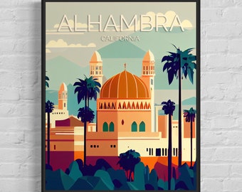 Alhambra California Retro Art Print, Alhambra Wall Art Illustration, Alhambra Vintage Minimal Design Poster