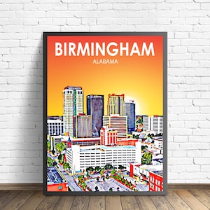 Birmingham Alabama Art Poster Sunset / Night Landscape Poster Print, Birmingham City Framed Wall Art United States, Colorful Skyline Sketch