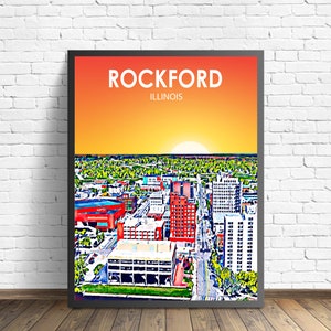 Rockford IL Kunst Poster, Illinois Sonnenuntergang Landschaft Poster Druck, Rockford City Gerahmte Wand Leinwand Kunst Bunte Skyline Skizze Foto