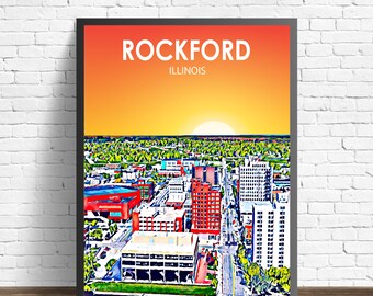 Rockford IL Art Poster, Illinois Sunset Landscape Poster Print, Rockford City Framed Wall Canvas Art Colorful Skyline Sketch Photo