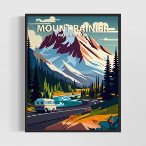 Mount Rainier Park Retro Art Print, Mount Rainier Park Illustration, Mount Rainier Park Vintage Minimal Design Poster