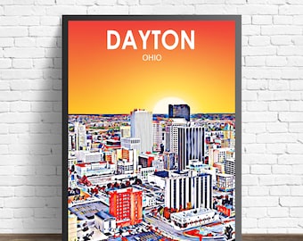 Dayton Ohio Art Poster Sunset Landscape Poster Print, Dayton OH Wall Art United States Skyline Sketch Photo Decor