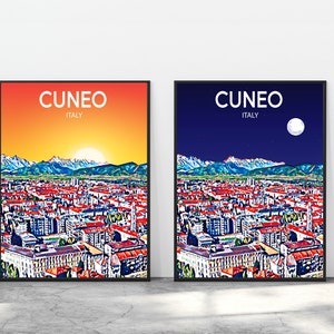 Cuneo Italy Art Poster Sunset / Night Poster Art Print, Cuneo City Modern Wall art, Colorful Skyline Canvas Sketch image 3