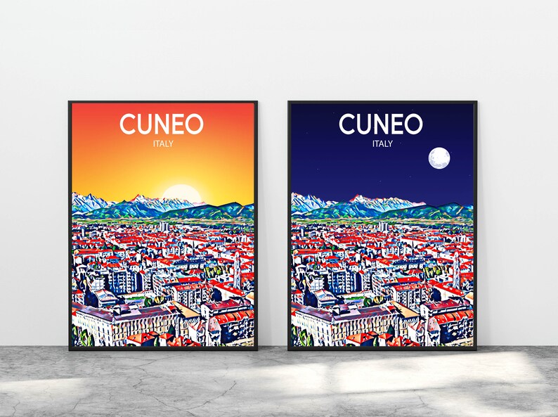 Cuneo Italy Art Poster Sunset / Night Poster Art Print, Cuneo City Modern Wall art, Colorful Skyline Canvas Sketch image 3