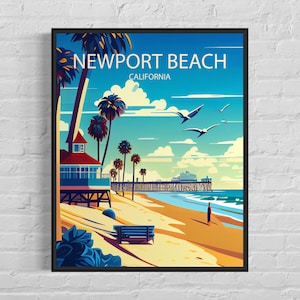 Newport Beach California Retro Art Print, Newport Beach Wall Art Illustration, Newport Beach Vintage Minimal Design Poster