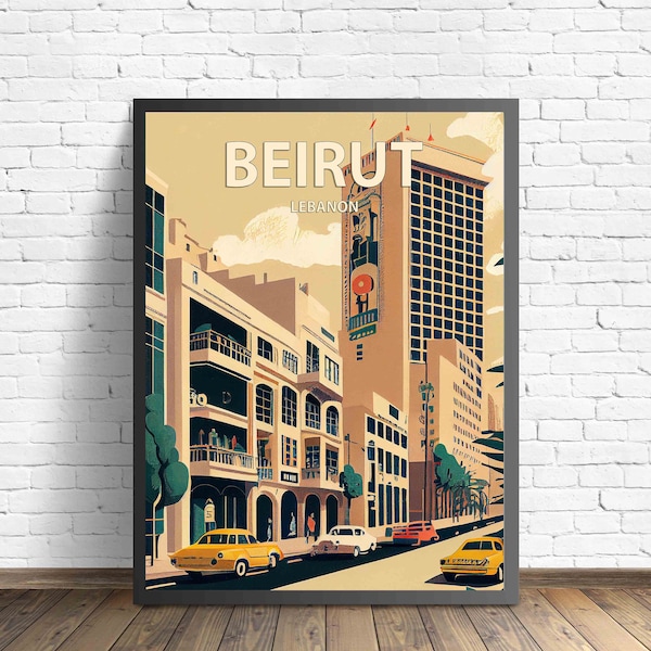 Impression d'art rétro Beyrouth Liban, illustration d'art mural Beyrouth, affiche design minimaliste vintage de Beyrouth