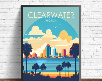 Clearwater Florida Retro Art Print, Clearwater Wall Art Illustration, Clearwater Vintage Minimal Design Poster