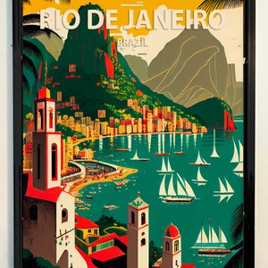 Impressão de arte retrô do Rio de Janeiro Brasil, ilustração de arte de parede do Rio de Janeiro, pôster de design minimalista vintage do Rio de Janeiro