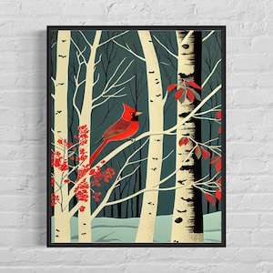 Roter Kardinal und Birke Baum Retro Kunstdruck, Roter Kardinal und Birke Baum Illustration, Vintage Minimal Design Plakat