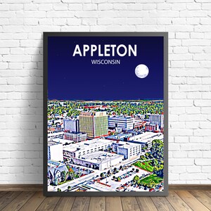 Appleton Wisconsin Art Poster Sunset / Night Landscape Poster Print, Appleton Framed Wall Art United States, Colorful Sketch Home Decor