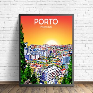 Porto Portugal Art Poster Sunset / Night Poster Art Print, Porto City Modern Wall art, Colorful Skyline Canvas Photo sketch