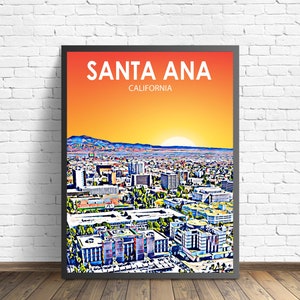Santa Ana CA Art Poster, California Sunset Landscape Poster Print, Santa Ana City Framed Wall Canvas Art Colorful Skyline Sketch Photo