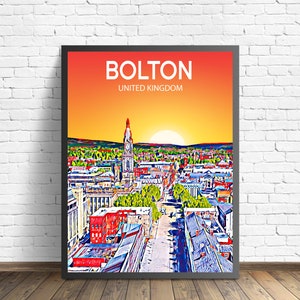 Bolton UK Art Poster Sunset / Night Poster Art Print, Bolton City Modern Wall art, Colorful Skyline Canvas Sketch