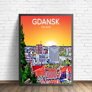 Gdansk Poland Art Poster Sunset / Night Poster Art Print, Gdansk City Framed Modern Wall art, Colorful Skyline Canvas Sketch