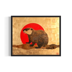 Beaver Poster Art Print, Red And Gold Wall Art Decoration Artwork