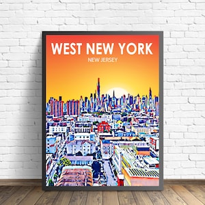 West New York New Jersey Sonnenuntergang Landschaft Poster Druck, West New York City Leinwand Kunst Bunte Skyline Skizze Foto
