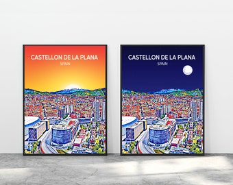 Castellon de la Plana Spain Art Poster Sunset / Night Poster Art Print, Castellon de la Plana City Modern Wall art, Colorful Skyline Canvas