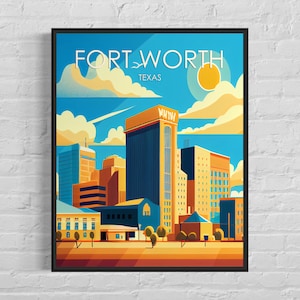Impresión de arte retro de Fort Worth, ilustración de arte mural de Fort Worth, póster de diseño minimalista vintage de Fort Worth