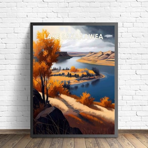 Lake Sakakawea Retro Art Print, Lake Sakakawea Wand Kunst Illustration, Lake Sakakawea Vintage 1960er Jahre Design Poster Artwork