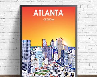 Atlanta GA Art Poster, Georgia Sunset / Night Landscape Poster Print, Atlanta Wall Art United States, Colorful Sketch Home Decor