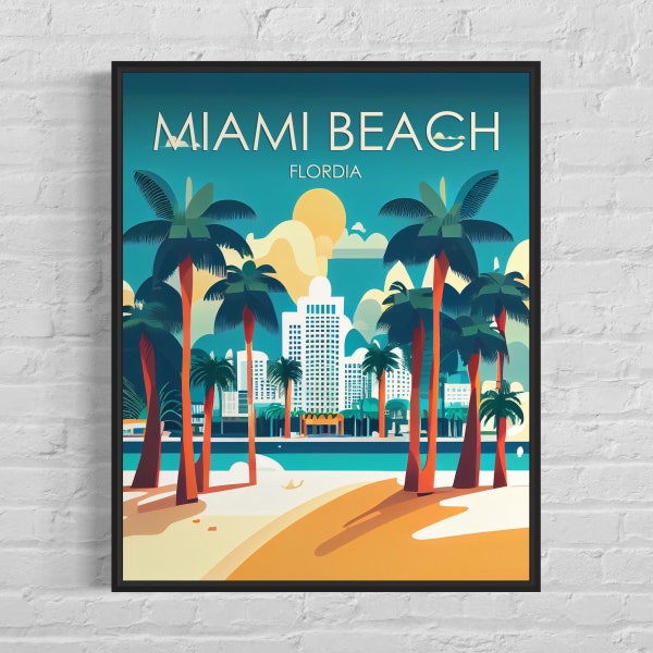 Impression d'art rétro de Miami Beach, Floride, illustration d'art mural Miami Beach, affiche vintage design minimaliste de Miami Beach