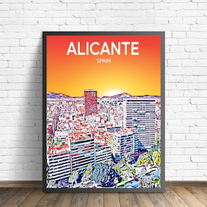 Alicante Spain Art Poster Sunset / Night Poster Art Print, Alicante City Modern Wall art, Colorful Skyline Canvas Sketch artwork