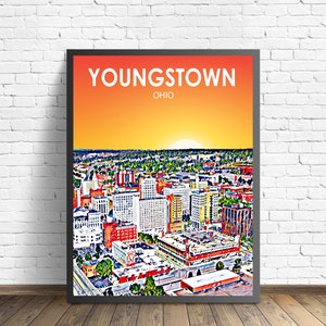 Youngstown Ohio Art Poster City Sunset Landscape Poster Print, Ohio City Wall Canvas Art Colorful Skyline Sketch Photo