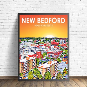 New Bedford MA Art Poster, Massachusetts Sunset Landscape Poster Print, New Bedford City Wall Canvas Art Colorful Skyline Sketch Photo
