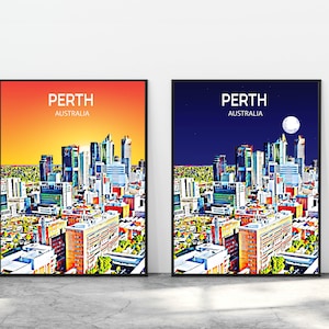 Perth Australia Art Poster Sunset / Night Poster Art Print, Perth City Modern Wall art, Colorful Skyline Canvas Photo sketch Gift