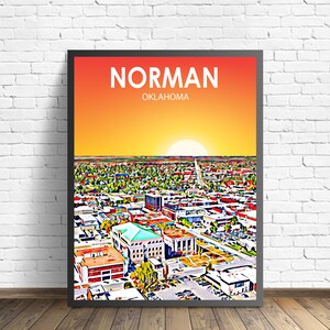 Norman OK Art Poster, Oklahoma Sunset Landscape Poster Print, Norman City Framed Wall Canvas Art Colorful Skyline Sketch Photo