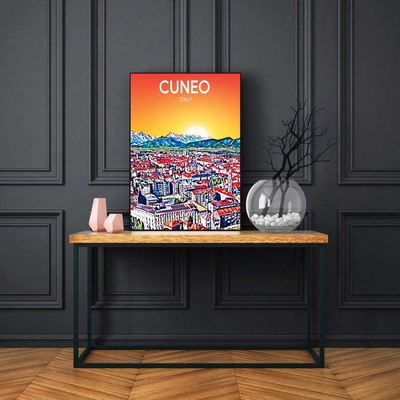 Cuneo Italy Art Poster Sunset / Night Poster Art Print, Cuneo City Modern Wall art, Colorful Skyline Canvas Sketch image 4