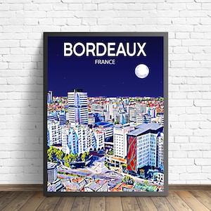Bordeaux Frankreich Kunst Poster Sonnenuntergang / Nacht Poster Kunstdruck, Bordeaux Stadt Eingerahmt Moderne Wandkunst, Bunte Skyline Leinwand Skizze