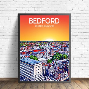 Bedford UK Art Poster Sunset / Night Poster Art Print, Bedford City Framed Modern Wall art, Colorful Skyline Canvas Sketch