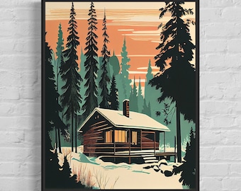 Cabin Retro Art Print, Cabin Art Illustration, Cabin Vintage Wall Art