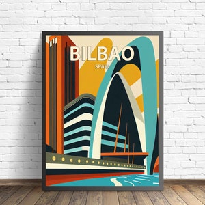 Impresión de arte retro de Bilbao, España, ilustración de arte de Bilbao, póster de diseño minimalista de Bilbao