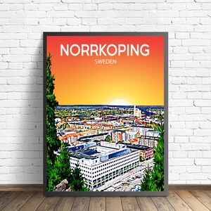 Norrköping, Zweden kunstposter zonsondergang / nacht poster kunstafdruk, Norrköping stad ingelijste moderne muurkunst, skyline canvas fotoschets cadeau