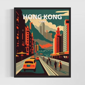 Impresión de arte retro de Hong Kong, ilustración de arte mural de Hong Kong, póster de diseño minimalista vintage de Hong Kong