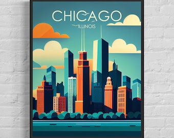 Chicago Illinois Retro Art Print, Chicago Wall Art Illustration, Chicago Vintage Minimal Design Poster