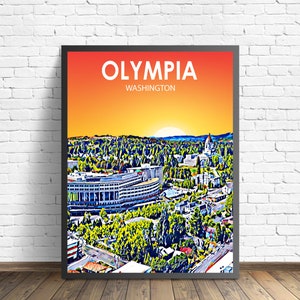 Olympia WA Art Poster, Washington Sunset Landscape Poster Print, Olympia City Wall Canvas Art Colorful Skyline Sketch Photo