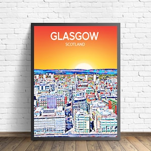 Glasgow Scotland Art Poster Sunset / Night Poster Art Print, Glasgow City Framed Modern Wall art, Colorful Skyline Canvas Sketch Photo