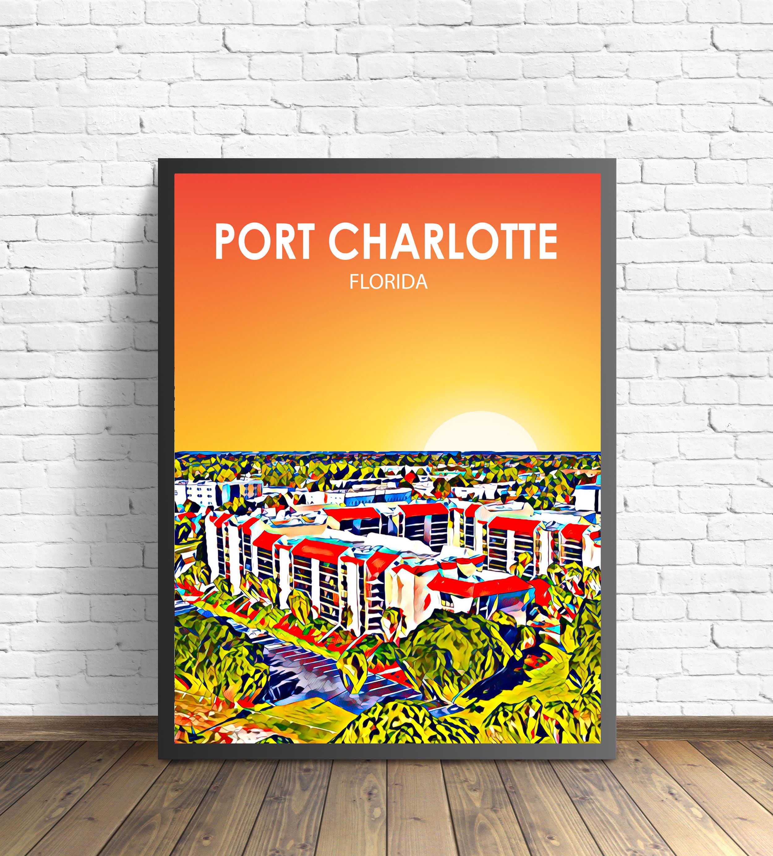 Port Charlotte FL Art Poster, Florida Sunset Landscape Poster Print, Port Charlotte City Wall Canvas Art Colorful Skyline Sketch Photo