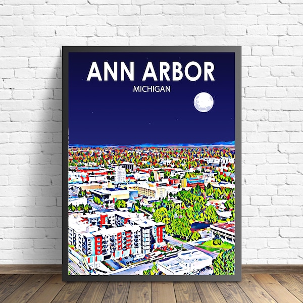 Ann Arbor MI Art Poster Sunset / Night Landscape Poster Print, Ann Arbor Wall Art United States, Colorful Sketch Home Decor