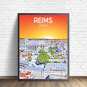 Reims France Art Poster Sunset / Night Poster Art Print, Reims City Modern Wall art, Colorful Skyline Canvas Photo sketch